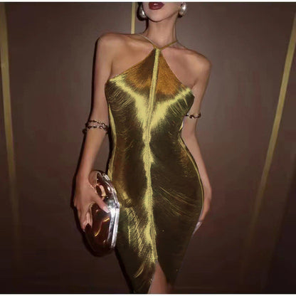 Halter Neck Metallic Center Seam Side Slit Bodycon Midi Dress