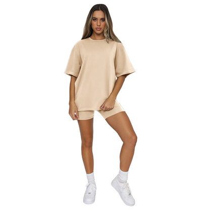 Summer Solid Color Short Sleeve round Neck Pullover Top Urban Casual Shorts Suit Women