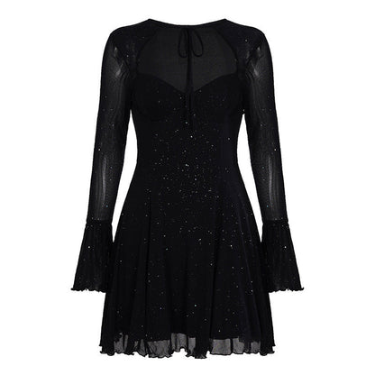 Mesh Glitter Lace Up Keyhole Long Sleeve Tiered Fit and Flare Mini Dress