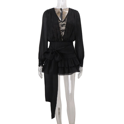 Lace Panel Deep V-Neck Bishop Sleeve Tiered Ruffle Two-Piece Set
