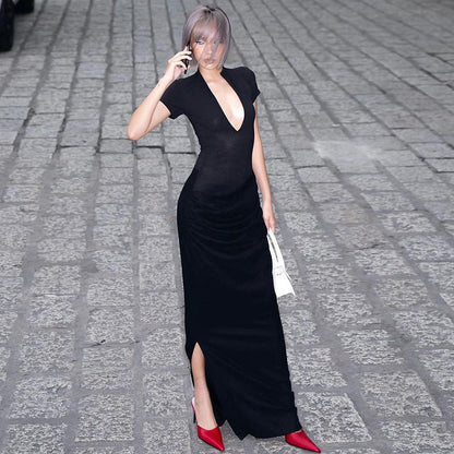 Mock Neck Deep V Neck Cap Sleeve Ruched Bodycon Maxi Dress