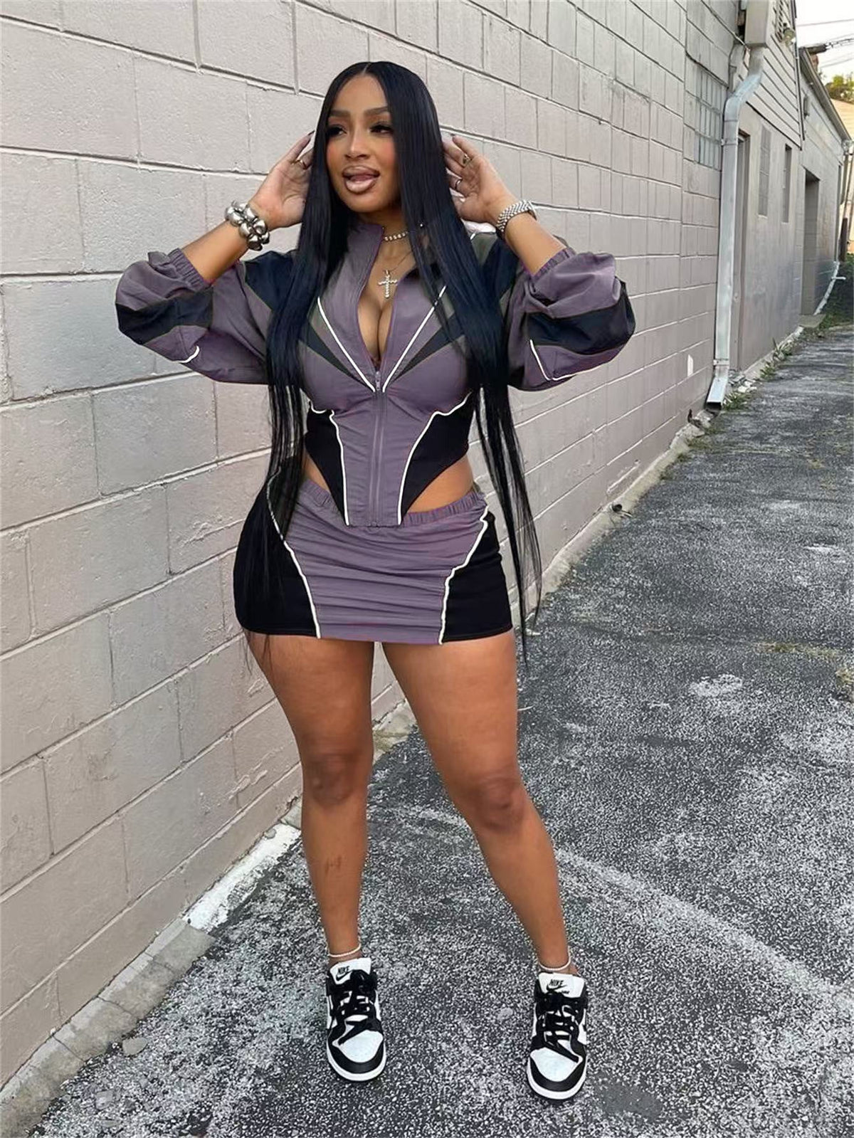 Autumn Sexy Sports Loose Casual Contrast Color Long Sleeve Coat Skirt Outfit Women
