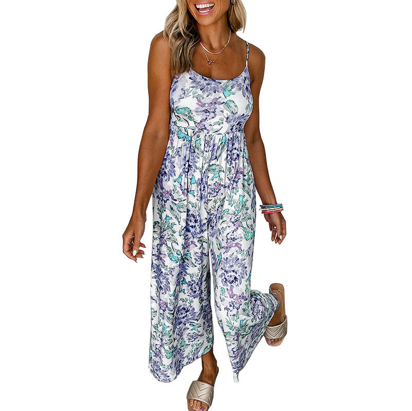 Summer High Waist Wide Leg Jumpsuit Women Floral Strap Backless Jumpsuit Women