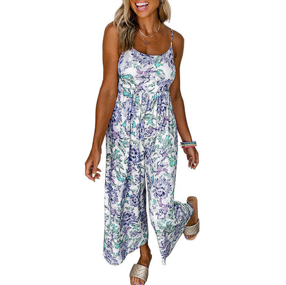 Summer High Waist Wide Leg Jumpsuit Women Floral Strap Backless Jumpsuit Women