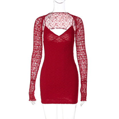 Sexy Lace Stitching Suspender Dress Pure Red Sexy Slim Fit V neck Socialite Dress