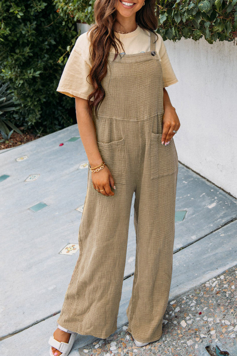 Summer Women Casual Solid Color Pocket Square Collar Loose Overalls