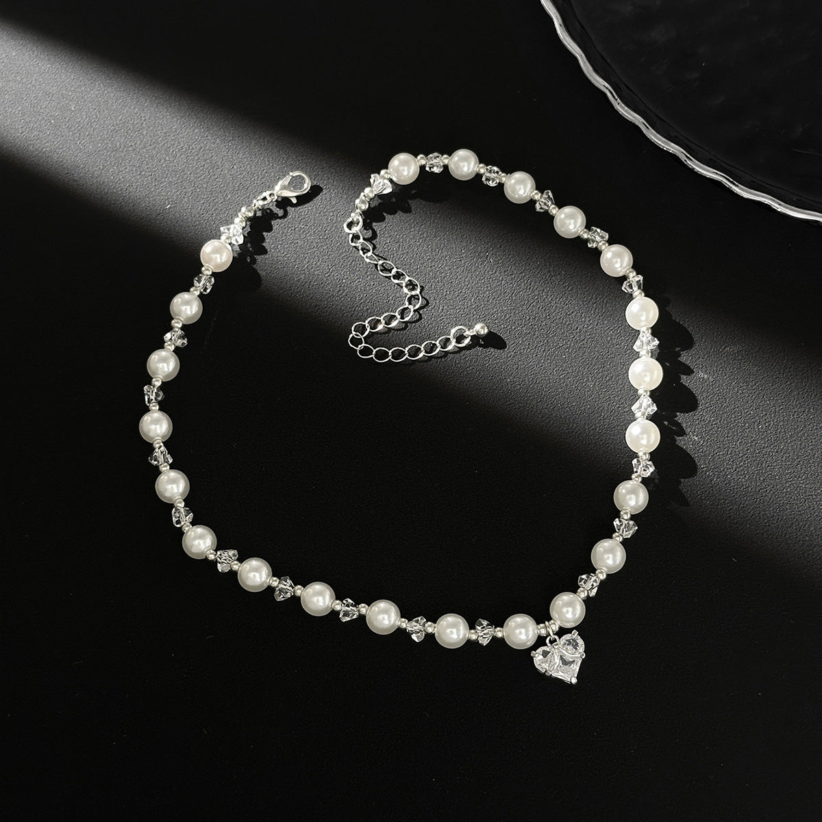 Crystal Heart Pearl Bead Choker Necklace