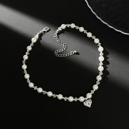 Crystal Heart Pearl Bead Choker Necklace