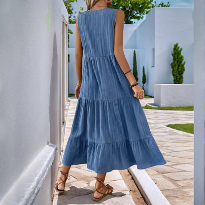 Summer Mid Length Dress Pleated Solid Color Stand Collar Sleeveless Dress