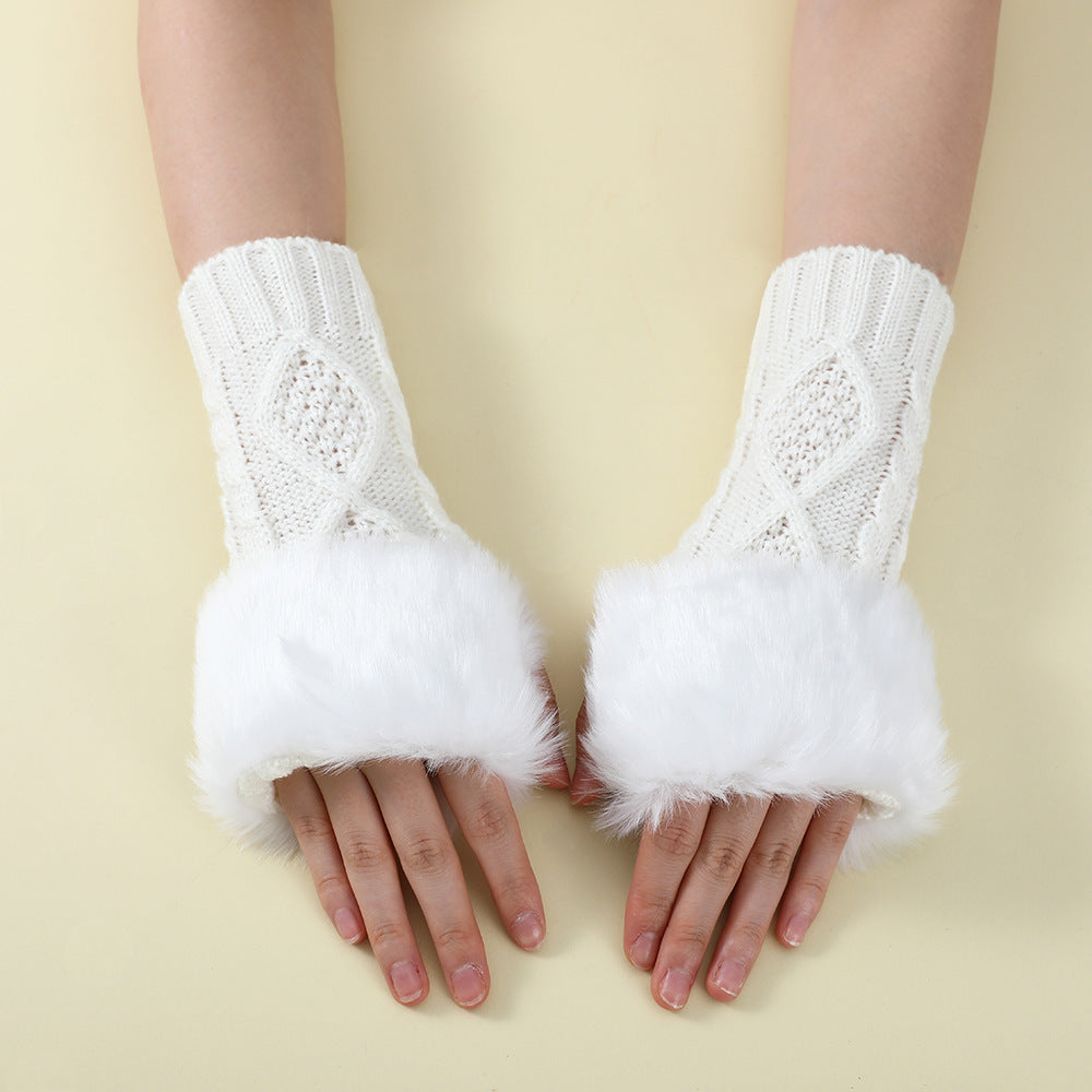 Faux Fur Knit Diamond Pattern Gloves