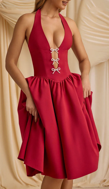 Halter Deep V Rhinestone Bow Trim Gathered Fit and Flare Mini Dress