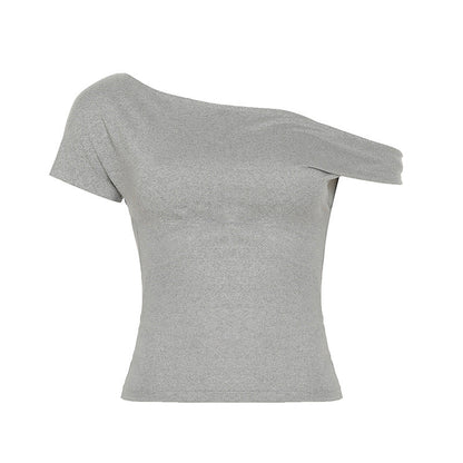 Summer Solid Color Basic Shoulder Short Sleeve Irregular Asymmetric Simple Casual T shirt off the Shoulder Short Top Women
