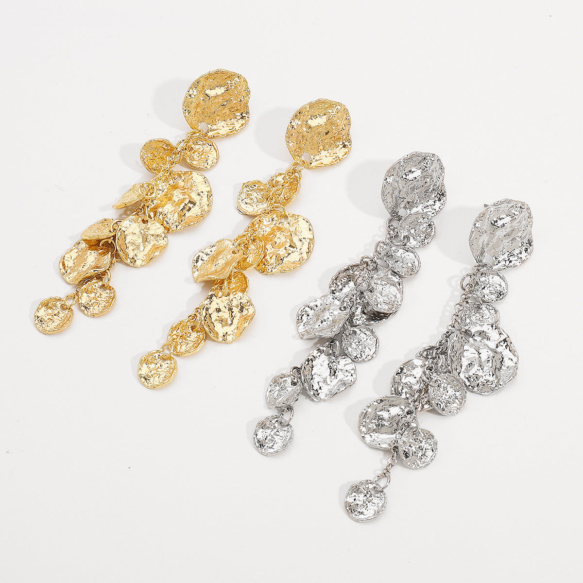 Long Round Pendant Metallic Earrings