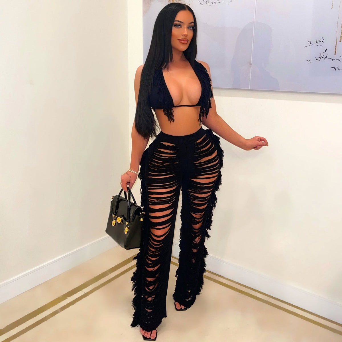 Summer Women Clothing Sexy Tassel Knitted Trousers Suit