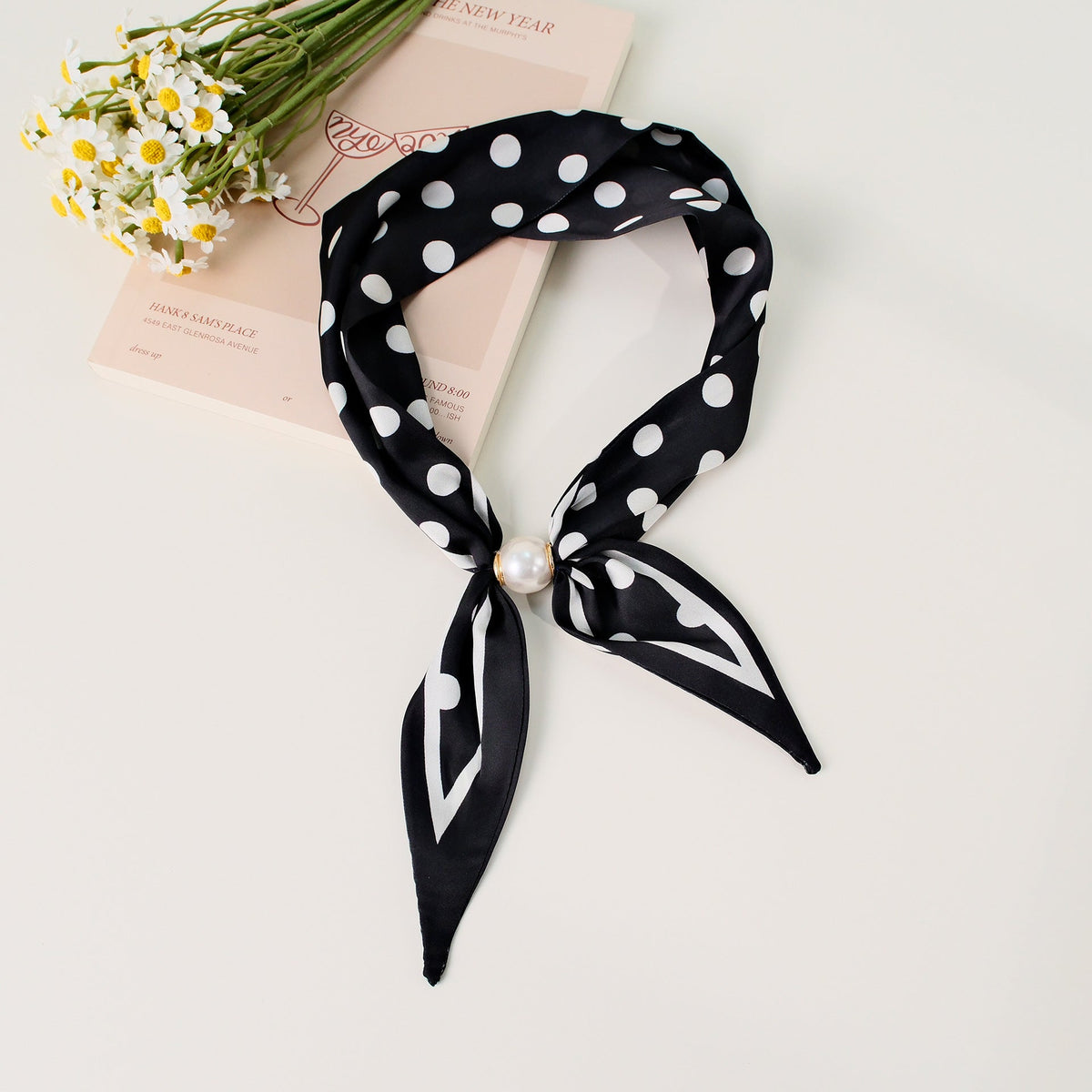 Pearl Magnetic Buckle Polka Dot Neck Ribbon Scarf