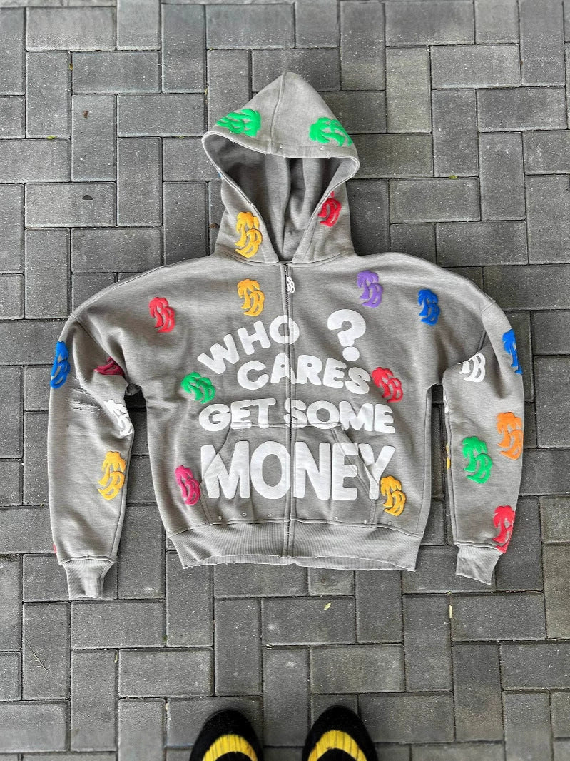Retro Letter Print Y2K Loose Comfortable Zip Hoodie