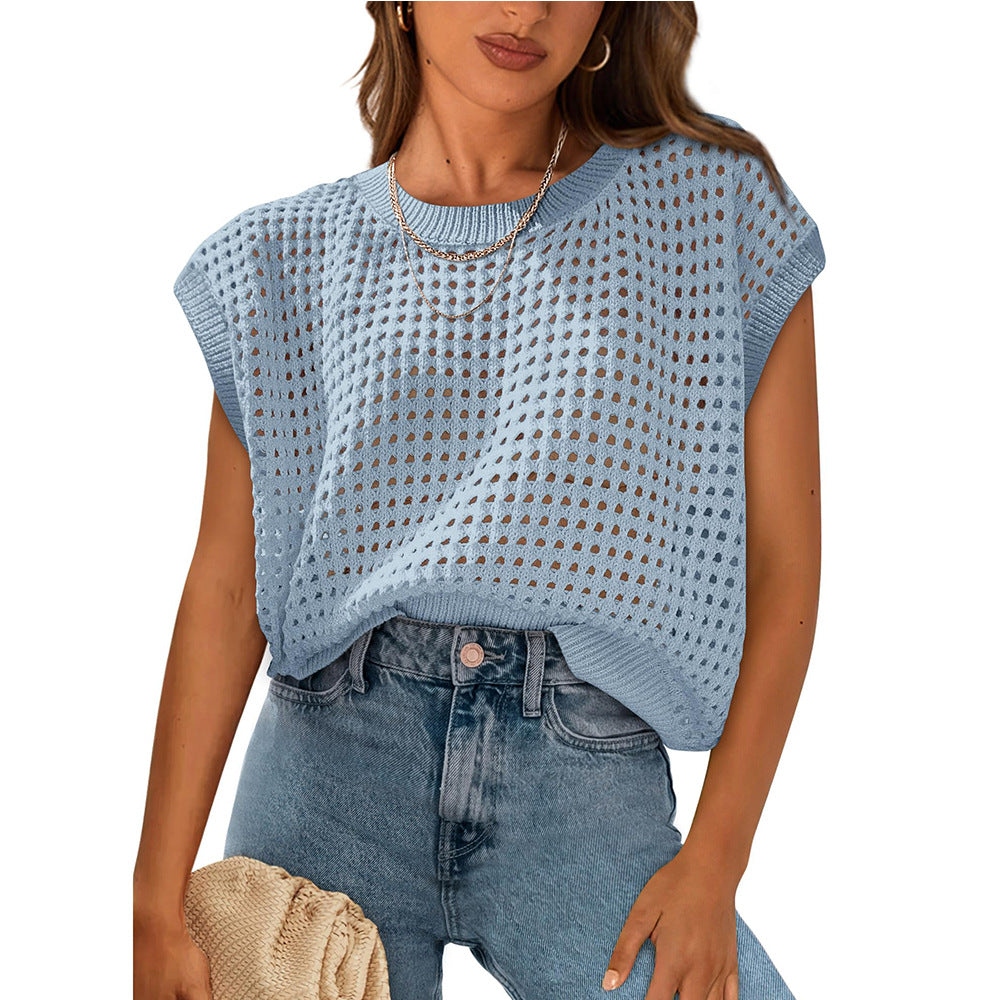 Summer Women Clothing Women round Neck Hollow Out Cutout Sun Protection Knitted Sweater Blouse