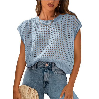 Summer Women Clothing Women round Neck Hollow Out Cutout Sun Protection Knitted Sweater Blouse