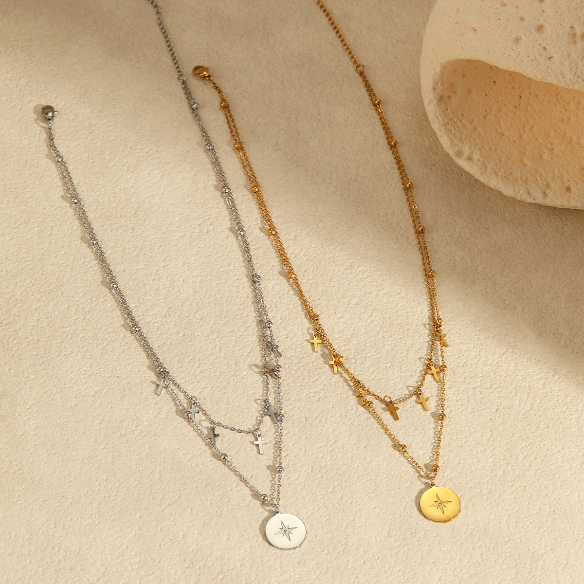 Vintage Double Strand Cross Pendant Necklace