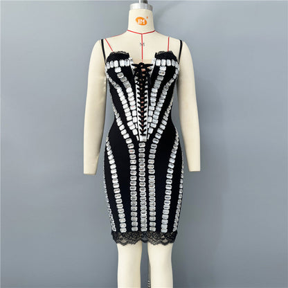 Spaghetti Strap Sweetheart Lace Up Rhinestone Mesh Corset Bodycon Mini Dress