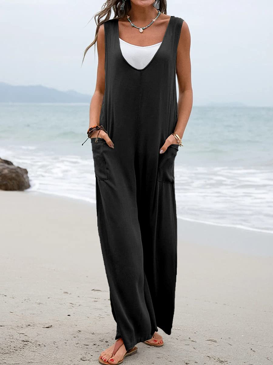 Summer Popular Solid Color Stickers Bags Jumpsuit V neck Suspender Pants Wide Leg Trousers for Women