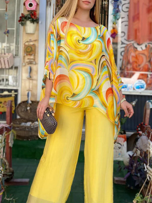 Summer Colorful Chiffon Casual round Neck Printed Two Piece Set Women