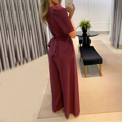 Women Clothing Summer Casual V Neck Lace Up High Waist Puff Short Sleeve Wide Leg Jumpsuit