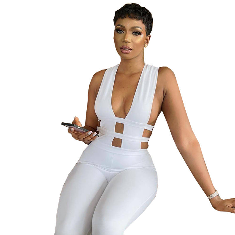 Summer Solid Color Trousers Hollow Out Cutout out Stitching High Waist Slimming Hip Raise Casual Jumpsuit