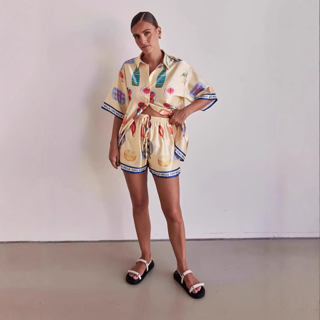 Summer Casual Homewear Cartoon Collared Cardigan Short Sleeve Shorts Sets