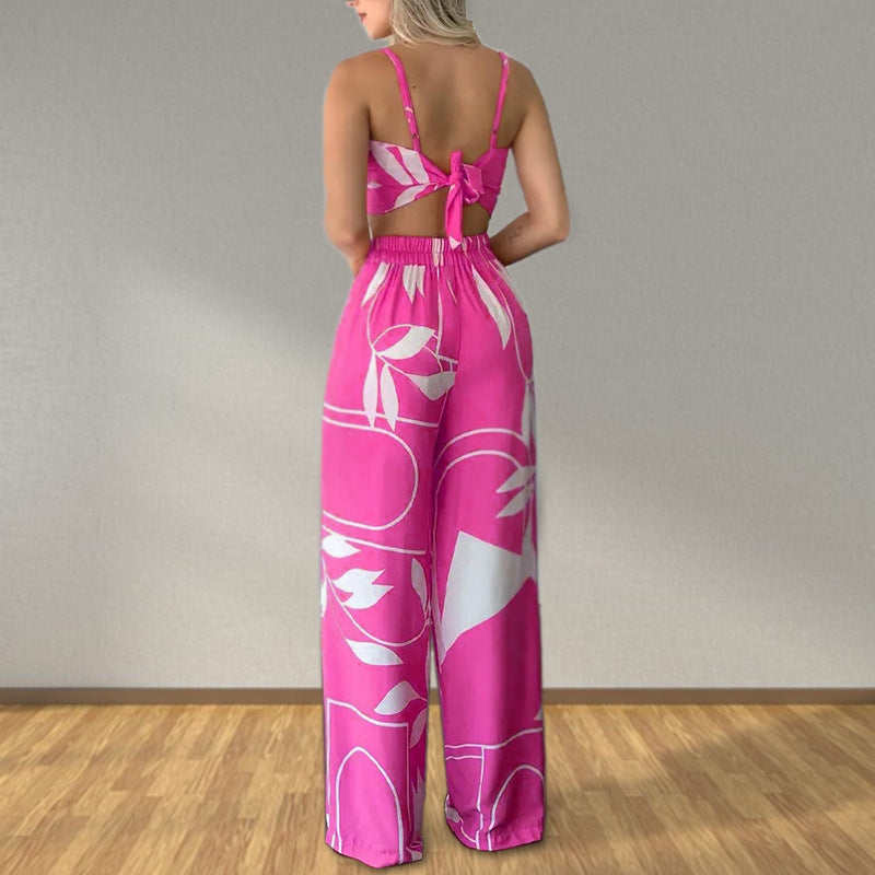 Women Clothing Summer Sexy Tube Top Lace up Loose Wide Leg Pants Printing Set