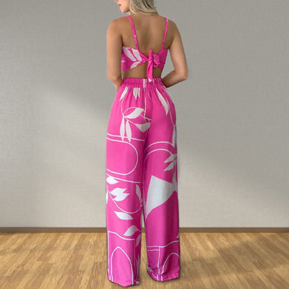 Women Clothing Summer Sexy Tube Top Lace up Loose Wide Leg Pants Printing Set
