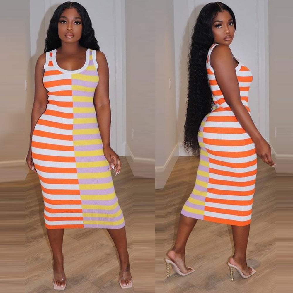 Summer Women Clothing Striped Printed round Neck Sleeveless Sexy Dress