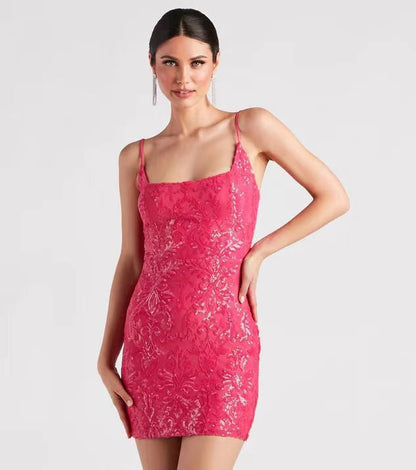 Sequin Square Neck Spaghetti Strap Jacquard Bodycon Mini Dress