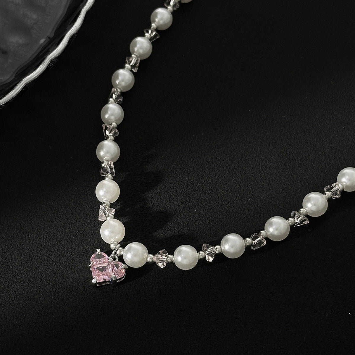Crystal Heart Pearl Bead Choker Necklace