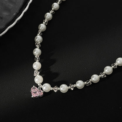 Crystal Heart Pearl Bead Choker Necklace