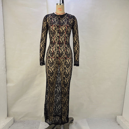 Sheer Floral Lace Long Sleeve Crew Neck Column Maxi Dress