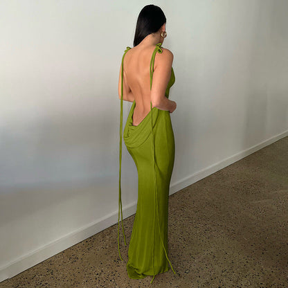 Tie Strap Cowl Back Open Back Bodycon Maxi Dress