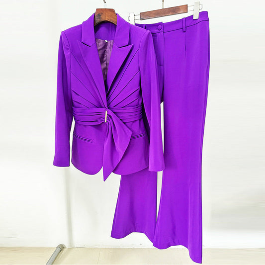 Women Asymmetric Belt Slim Fit Blazer Trousers Set