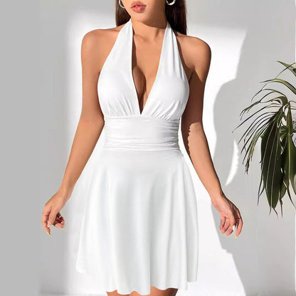 Halter Neck Deep V Neck Ruched Waist Fit and Flare Mini Dress