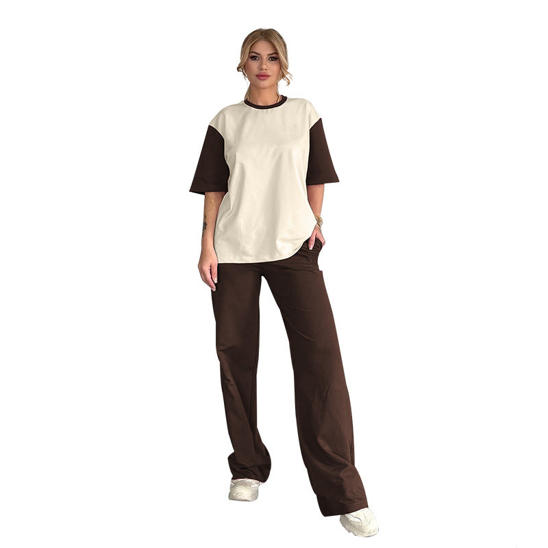 Summer Contrast Color round Neck Short Sleeved T shirt Women Casual Wide Leg Pants Two Piece Sets