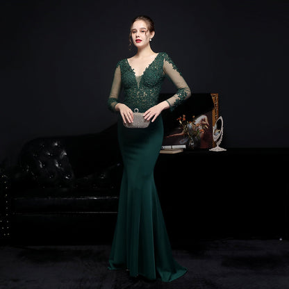 Floral Lace Illusion Long Sleeve Mermaid Trumpet Formal Gown