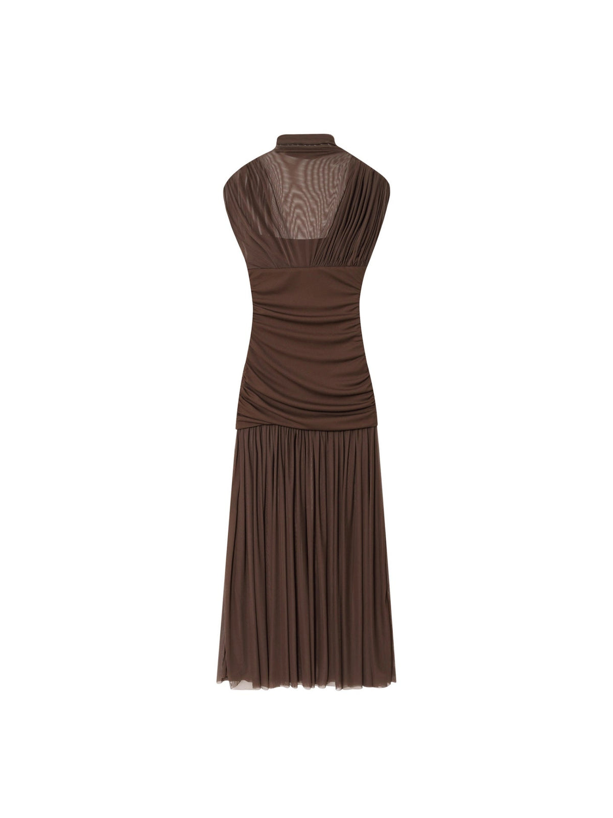 Mock Neck Mesh Yoke Ruched Bodice Pleated Midi Dress