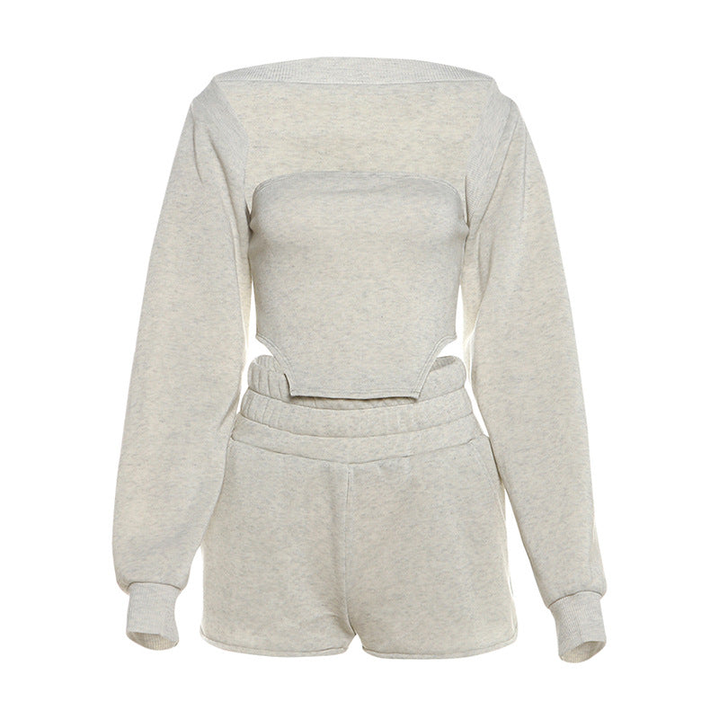 Autumn Winter Women Clothing Solid Color Sexy Tube Top Vest Cardigan Outer Casual Shorts Three Piece Set for Women