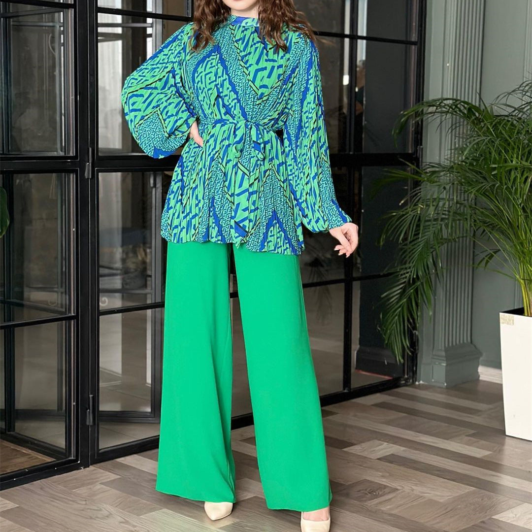 Women Clothing Autumn Pleated Graceful Puff Sleeve Shirt High Waist Wide Leg Pants Set