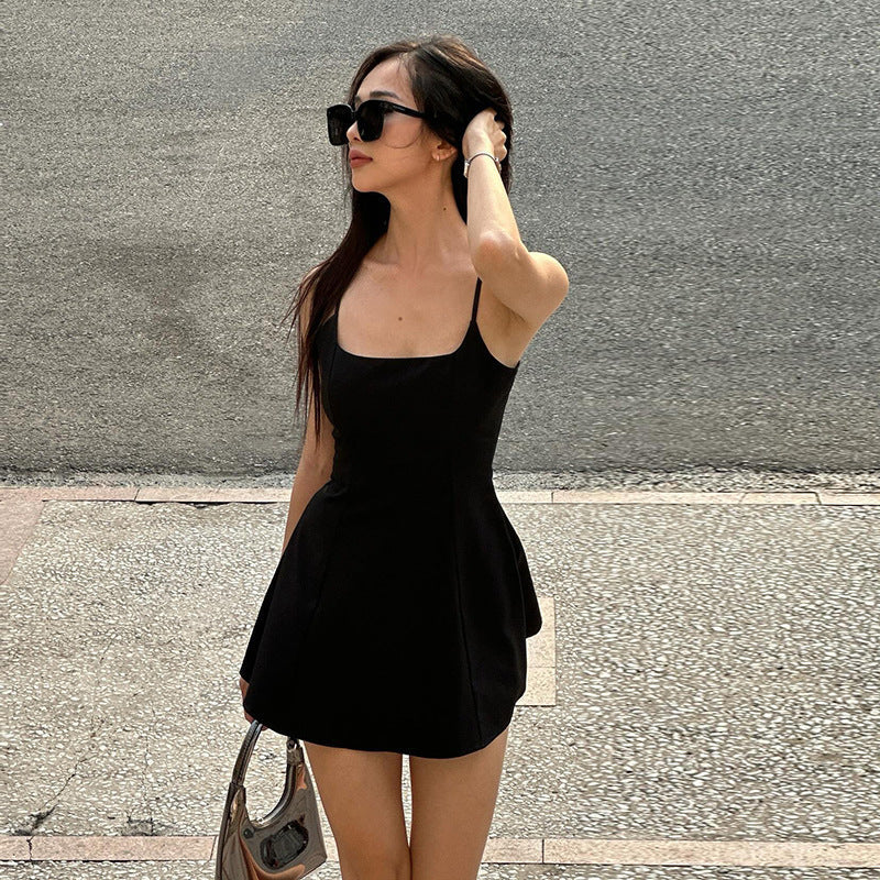 Summer Suspender Sexy Square Neck Lace Trim Slim Fit Slit Sexy Dress
