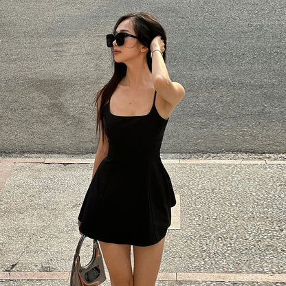 Summer Suspender Sexy Square Neck Lace Trim Slim Fit Slit Sexy Dress