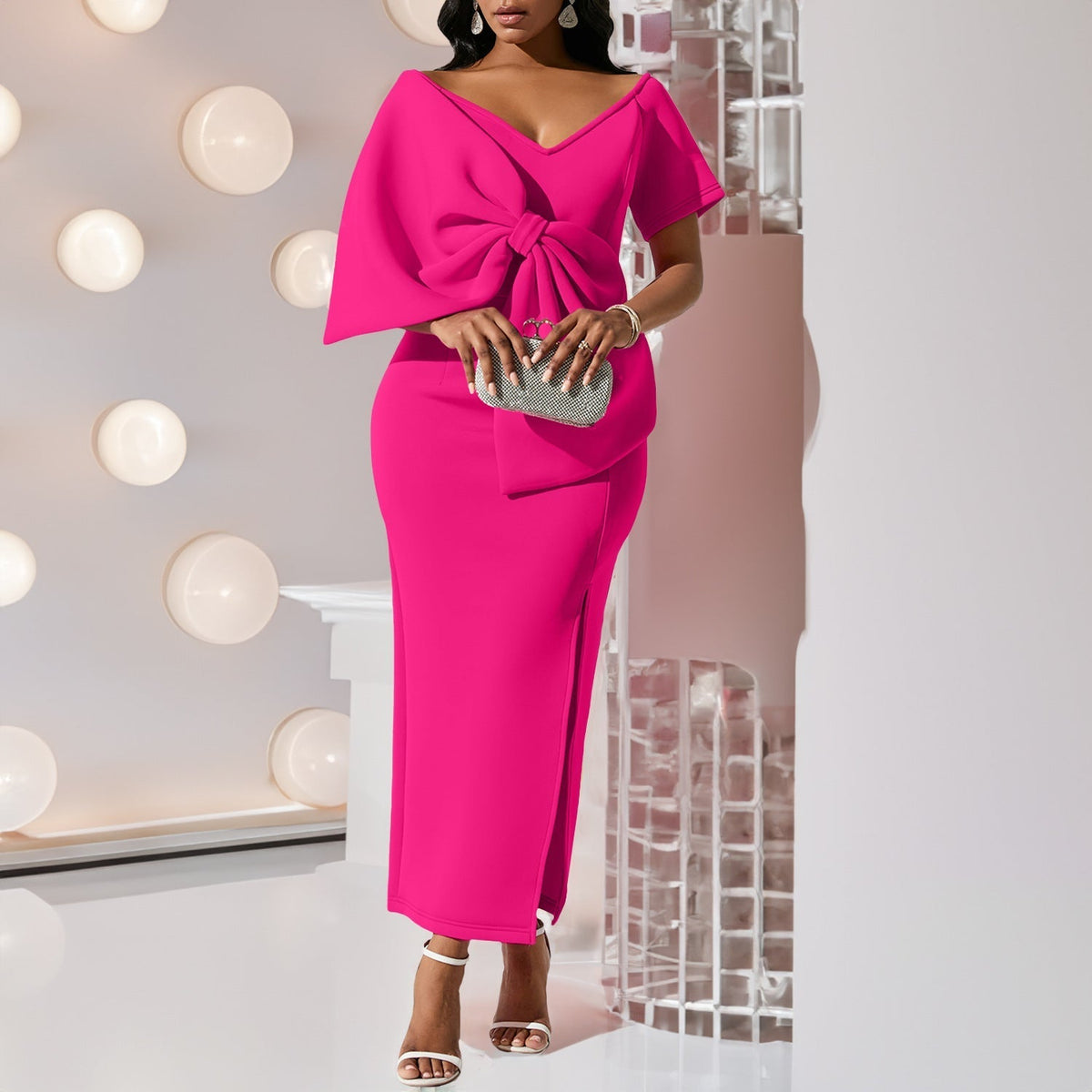 Oversized Bow Asymmetric V-Neck Short Sleeve Bodycon Midi Dress