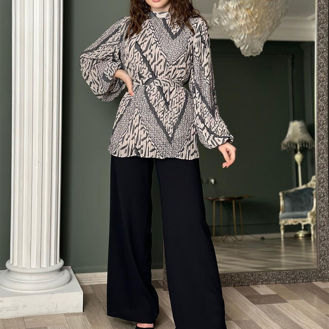 Women Clothing Autumn Pleated Graceful Puff Sleeve Shirt High Waist Wide Leg Pants Set