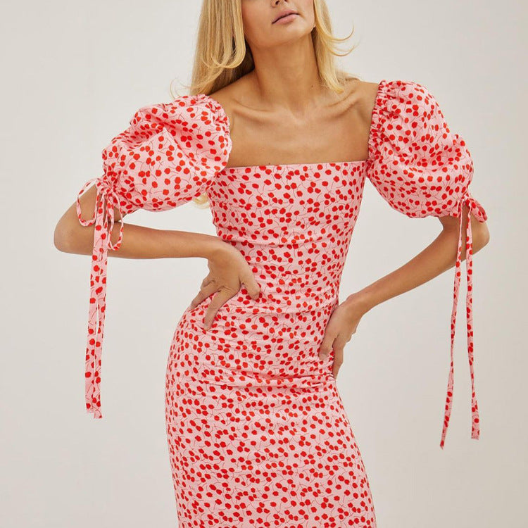 French Women Clothing Summer Holiday Dress Floral Puff Sleeve off Neck Slim Fit Long Dress