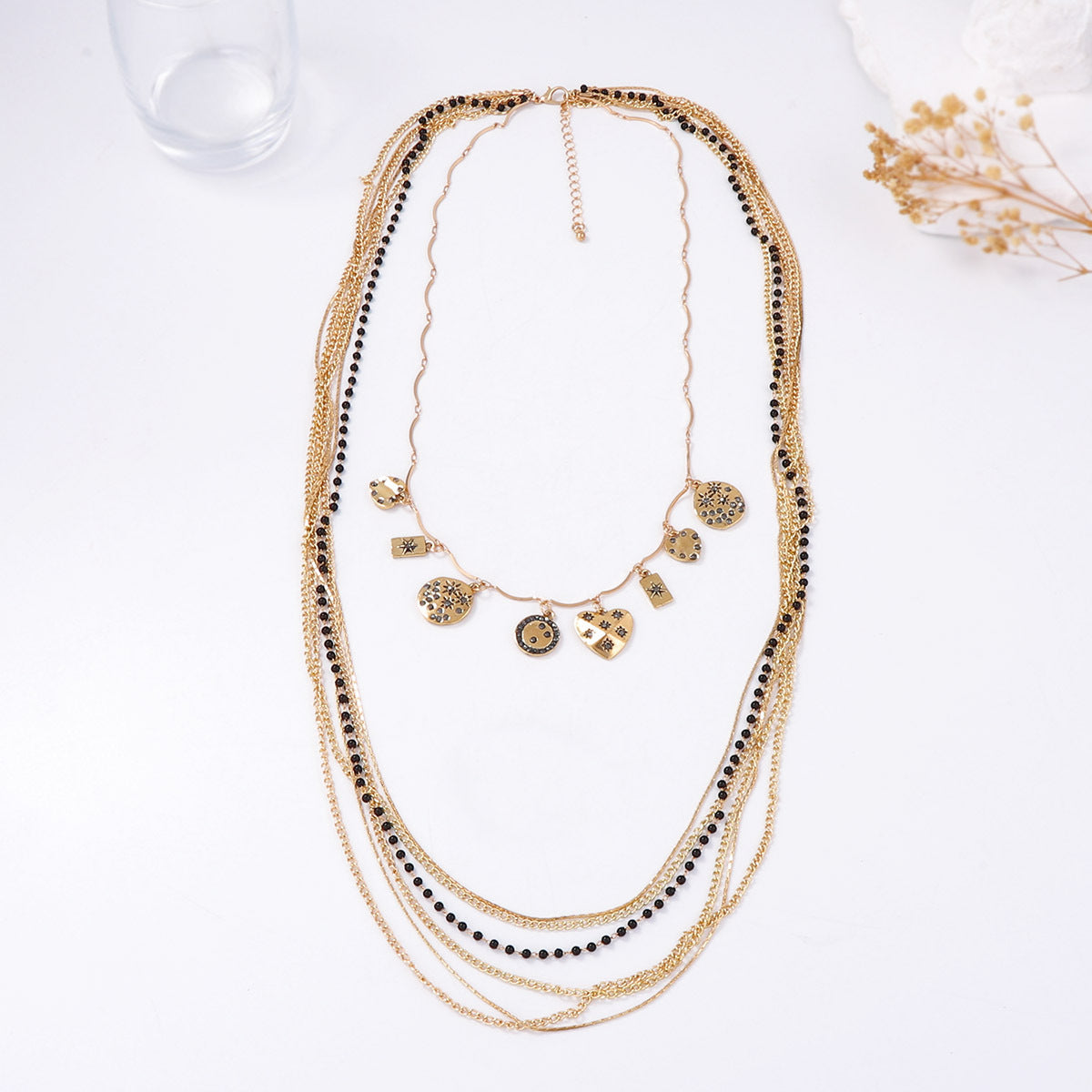Layered Bead Chain Geometric Charm Statement Necklace